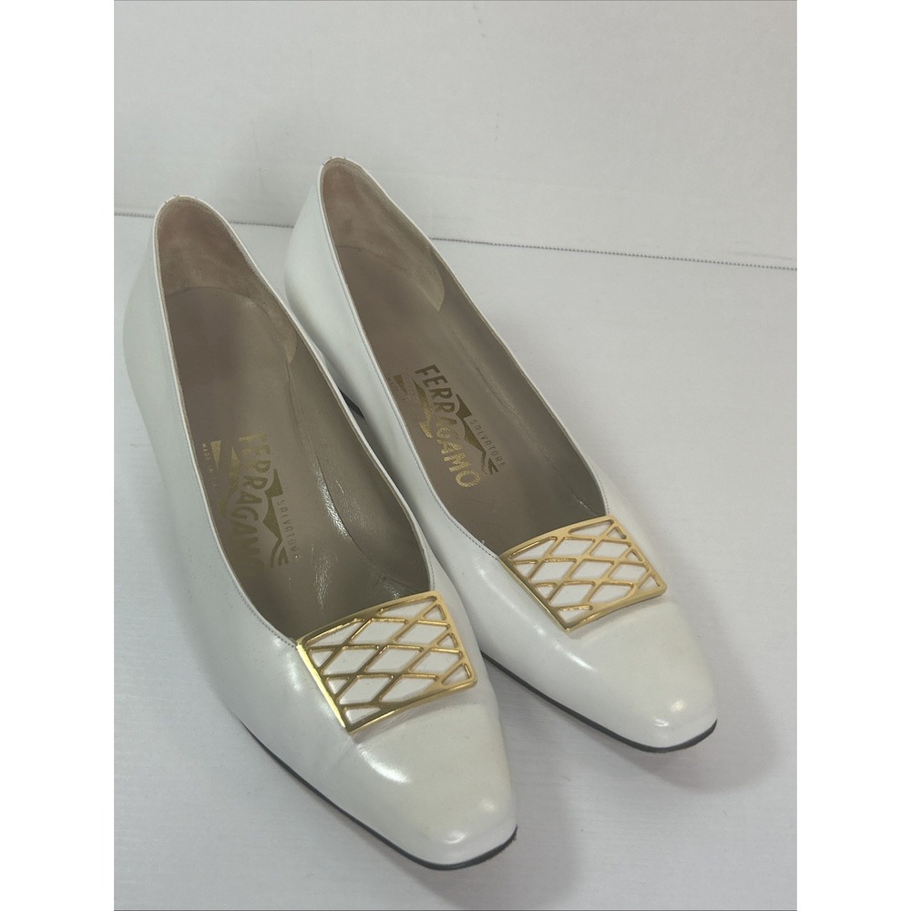 Salvatore Ferragamo Cream & Gold Pump Block Heel Shoes Women's Size‎ 10 Italy